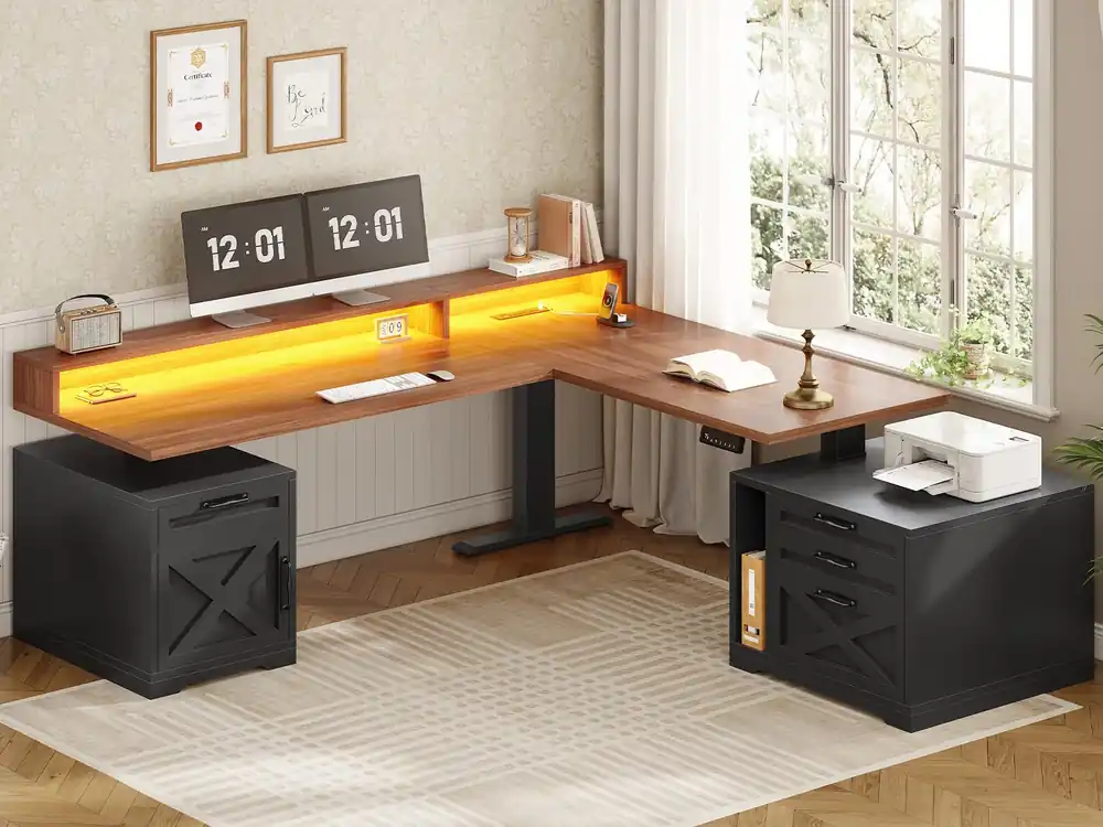 Farmhouse L Shaped Standing Desk, 70.1" x 73.2" Height Adjustable Home Office Executive Desk with Drawers, Power Outlet