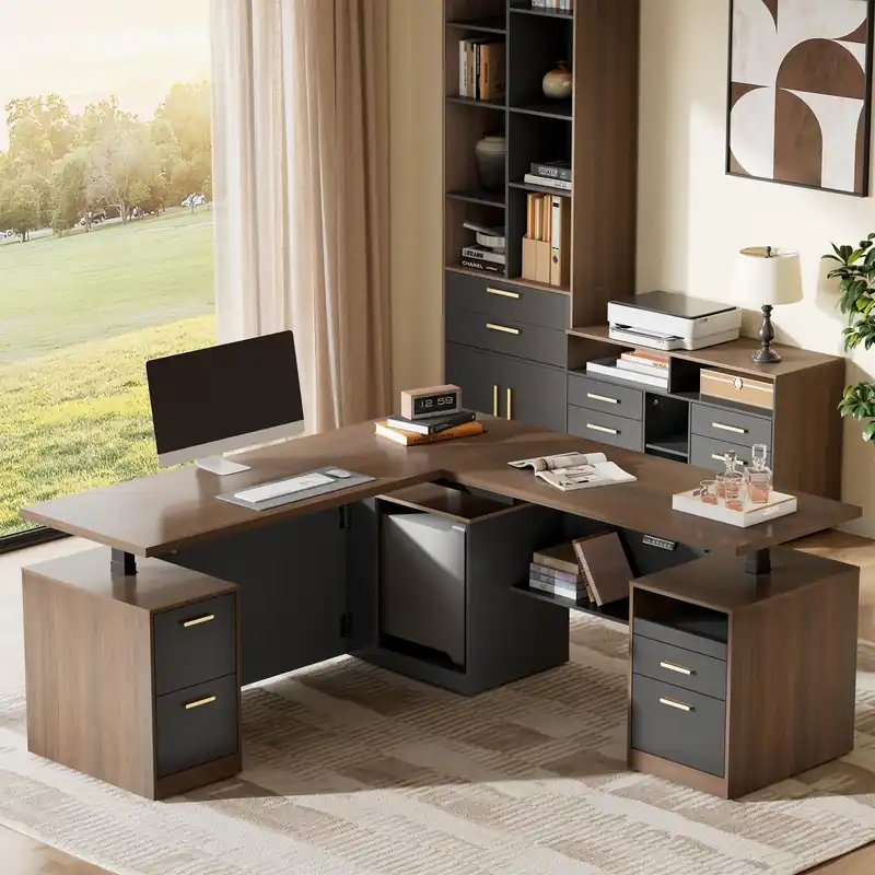 1" L-Shaped Electric Standing Desk with 5 Drawers, One-Piece Height Adjustable Executive Stand Up Desk