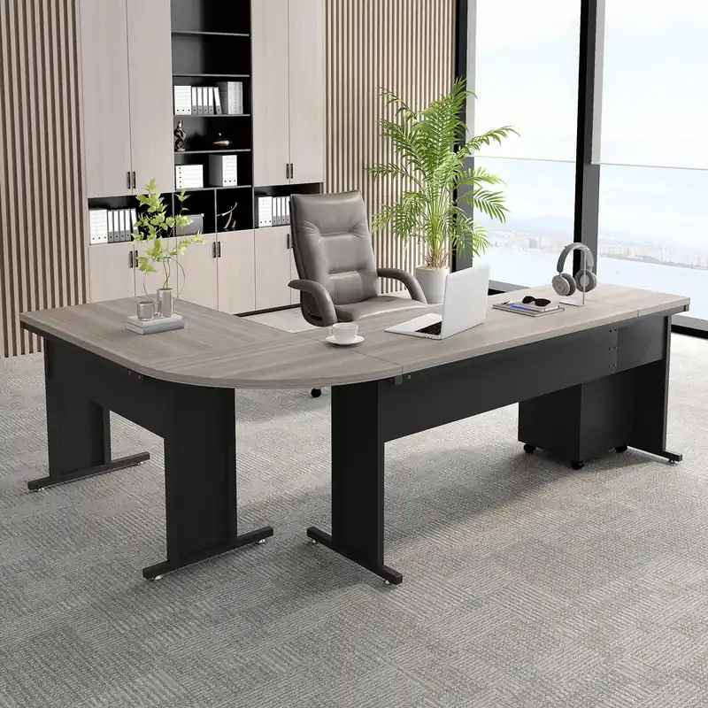 83" L-Shaped Executive Desk, Large Office Desk with Drawes, Industrial Corner Computer Table with File Cabinet