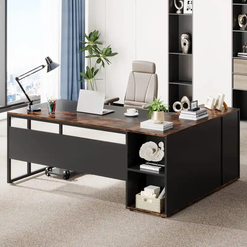 L Shaped Desk with Cabinet Storage, Executive Office Desk with Shelves