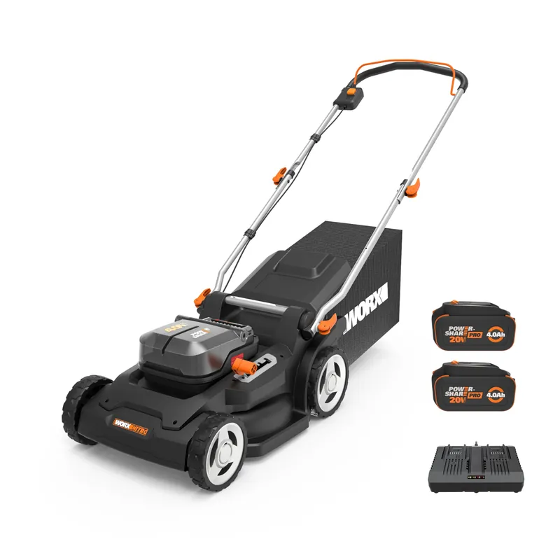 WORX 17‘‘ Cordless Lawn Mower, 2 in 1 Electric Mower Cuts to Edge, Compact & Lightweight Push Lawn Mower with 6-Position Height Adjustment for Medium Size Yards, 2 Batteries & Charger Included, WG745