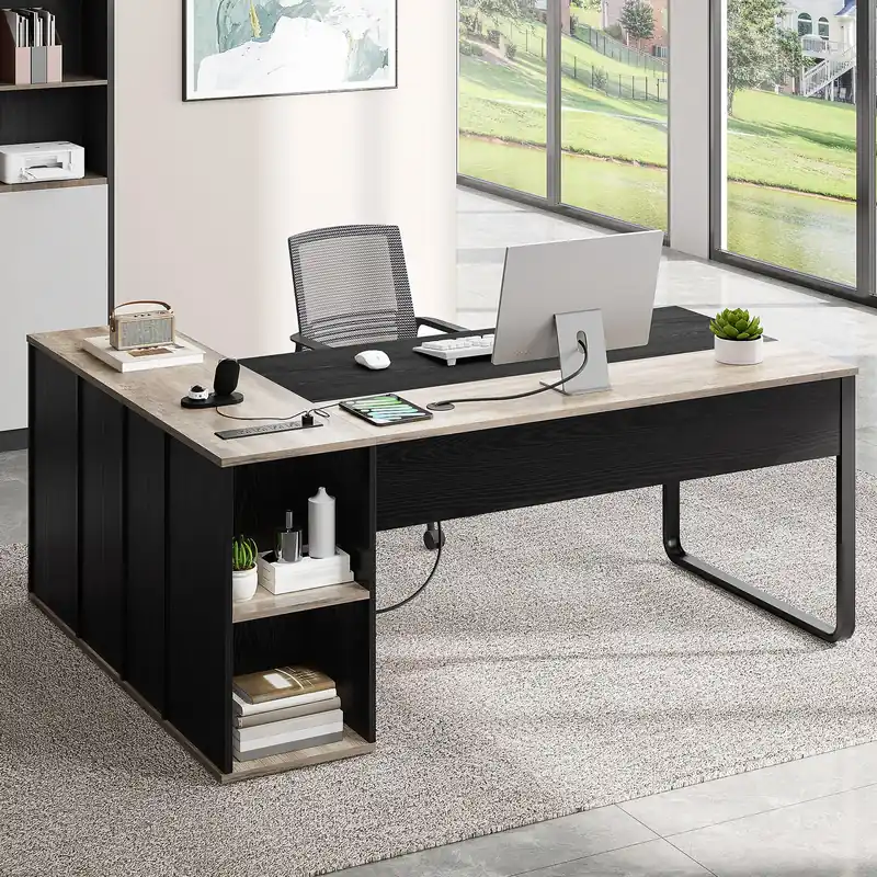 71" L Shaped Desk with File Cabinet, Executive Desk with Drawers & Storage Shelves, Corner Office Desk with Bookshelf for Home Office