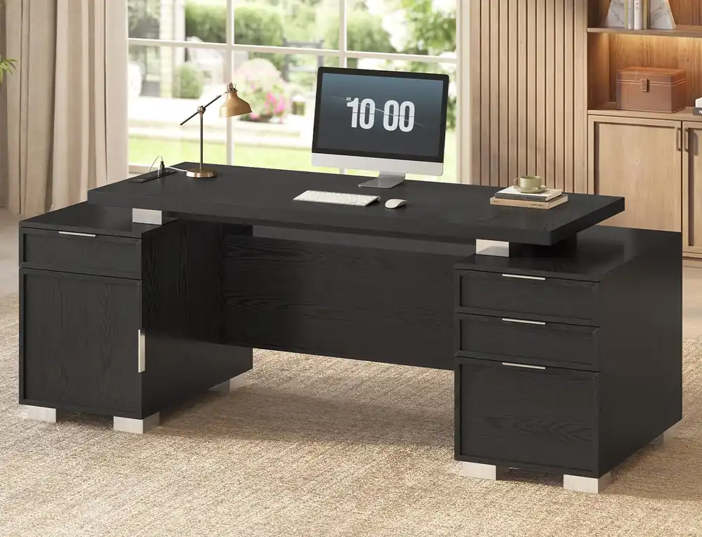 Executive Desk with Power Outlet and File Drawer, Modern Home Office Desk with 3 Large Cabinets and Privacy Panel