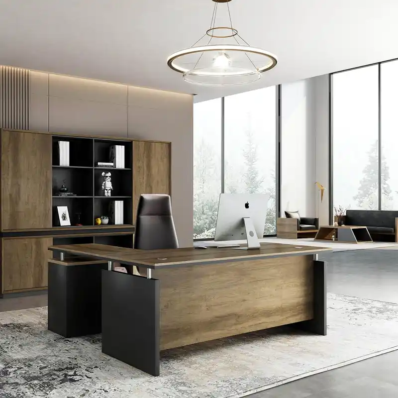 SAINTCY 63 Inch L-Shaped Executive Desk, Industrial Modern Wood Office Desk with 3 Drawers