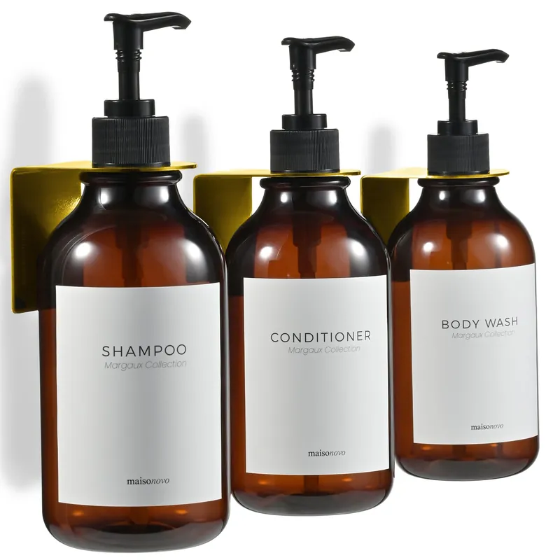 Shampoo and Conditioner Dispenser Wall Mounted Set of 3 Amber Gold - No Drill Shower Soap Dispenser for Bathroom Refillable - Spa Hotel Style Accessories by MaisoNovo