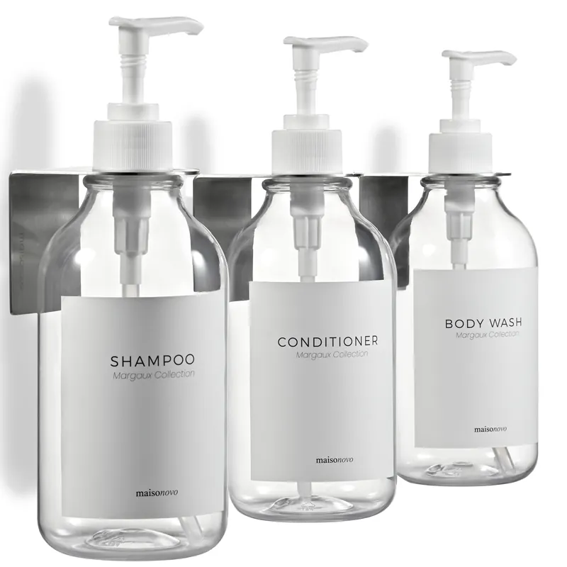 Shampoo and Conditioner Dispenser Wall Mounted Set of 2 Clear - No Drill Shower Soap Dispenser for Bathroom Refillable - Spa Hotel Style Accessories by MaisoNovo