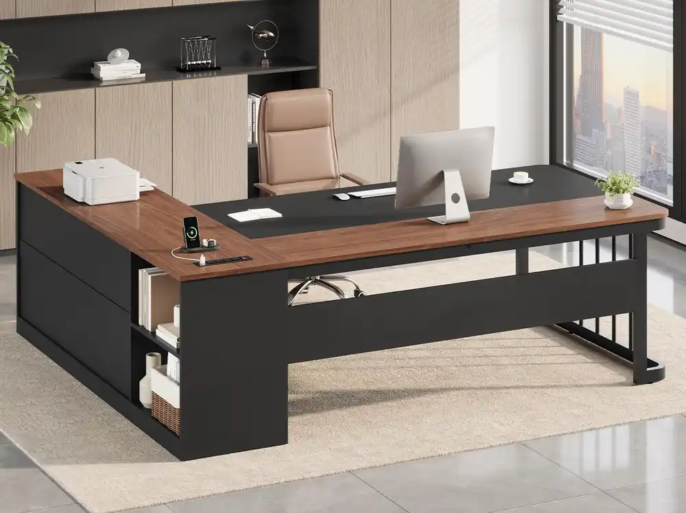 Executive Desk, Large Office Desk with Drawers & Storage Shelves, Modern L Shaped Computer Desk Corner Desk