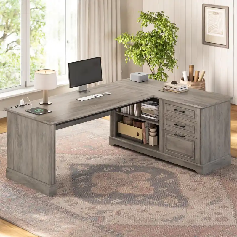 Executive Desk, 61" Farmhouse L Shaped Desk with File Drawers, Office Desk with Drawers and Power Outlets