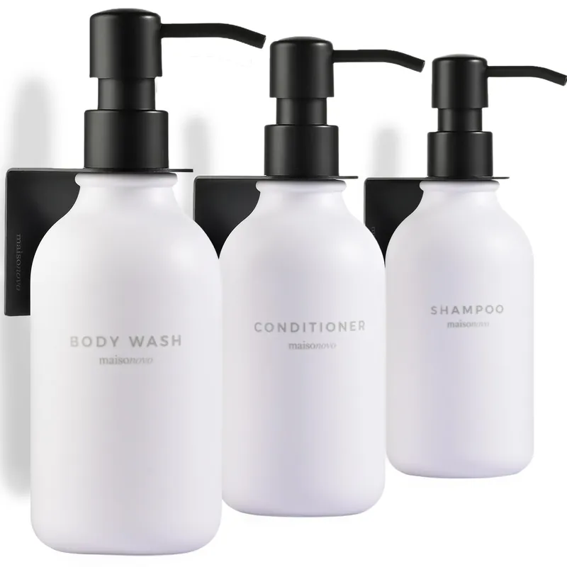 Shampoo and Conditioner Dispenser Wall Mounted Set of 3 White Black - No Drill Shower Soap Dispenser for Bathroom Refillable - Spa Hotel Style Accessories by MaisoNovo