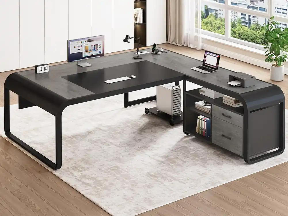 61 Inch Executive Desk, Large Office Desk with File Drawer, L Shaped Desk with Drawers