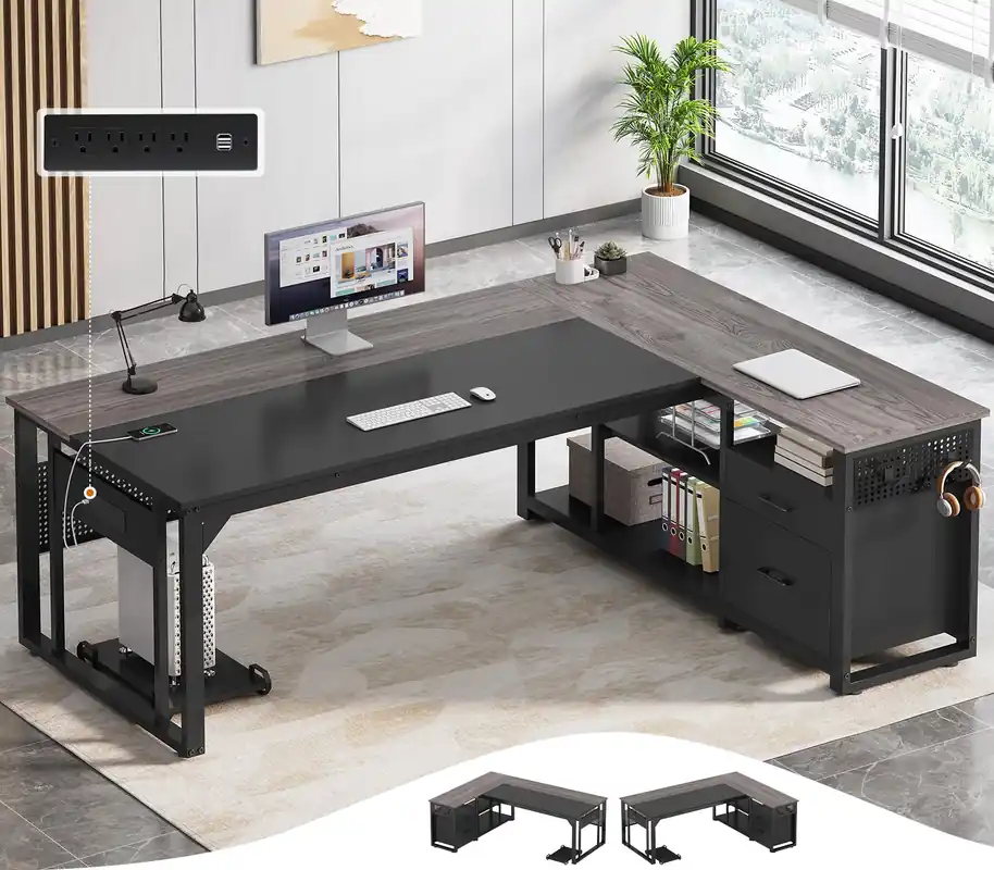 71 in Executive Desk with Power Outlets, Reversible L Shaped Computer Desk with File Drawers & Storage Shelves