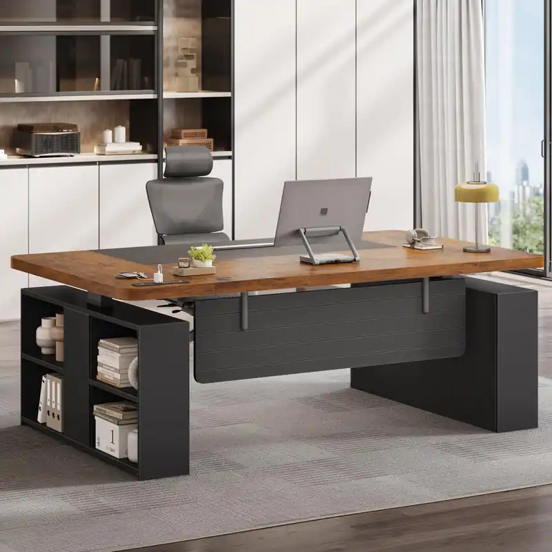 Executive Height Adjustable Desk with Power Outlets, Large Computer Office Desk