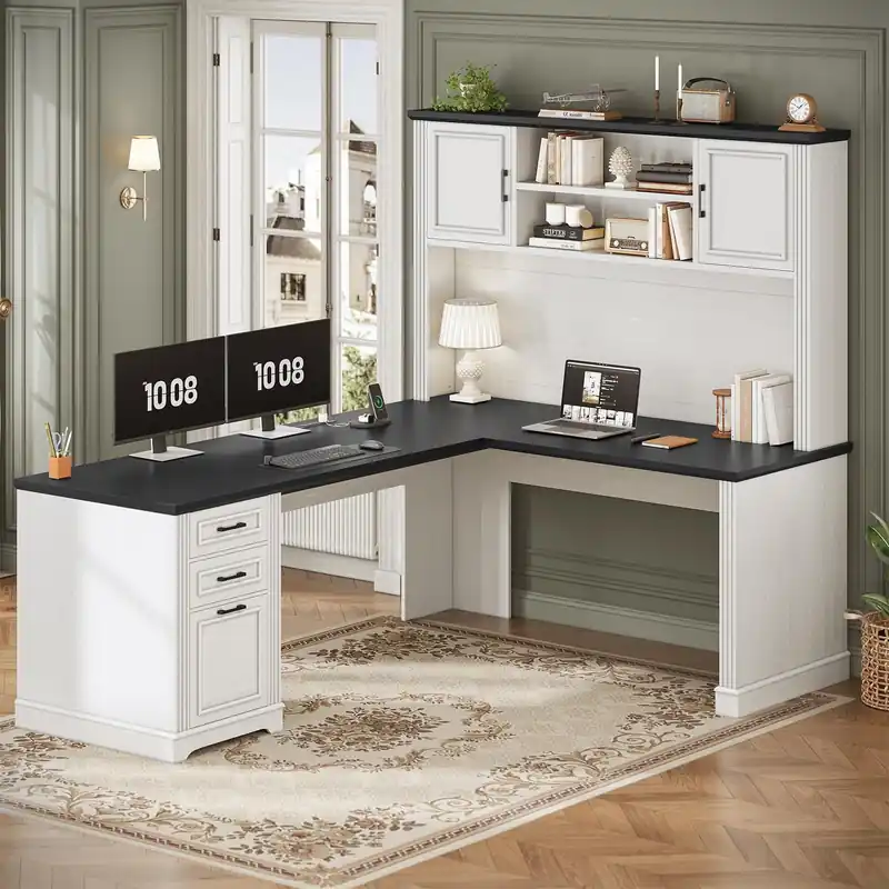 L Shaped Desk with Hutch and 3 Drawers, 68.9" Executive Office Desk with File Drawer and Power Outlet