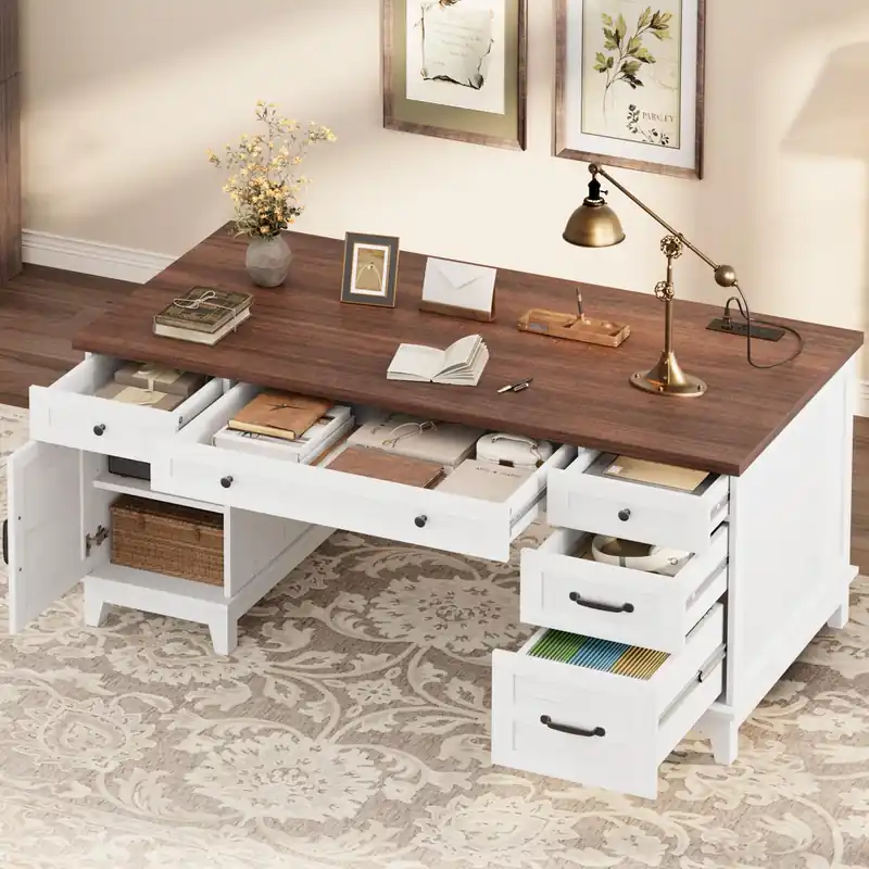 Executive Desk 60 Inch, Wooden Home Office Desk with Adjustable Storage Cabinet, Built-in Charging Port