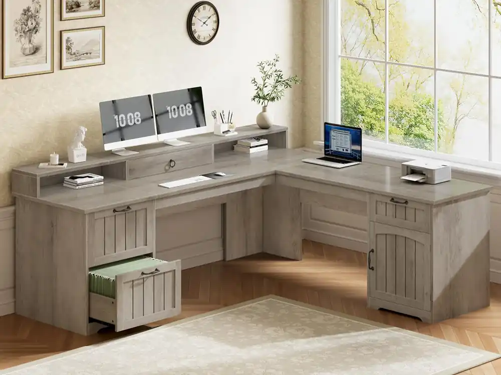 L Shaped Desk with Drawers, Farmhouse Corner Computer Desk, Wood Office Desk with File Drawers with Storage