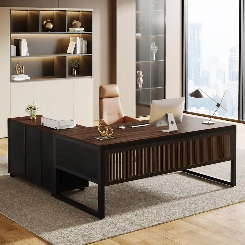 63-Inch L-Shaped Executive Desk with Mobile File Cabinet, Large Office Computer Desk