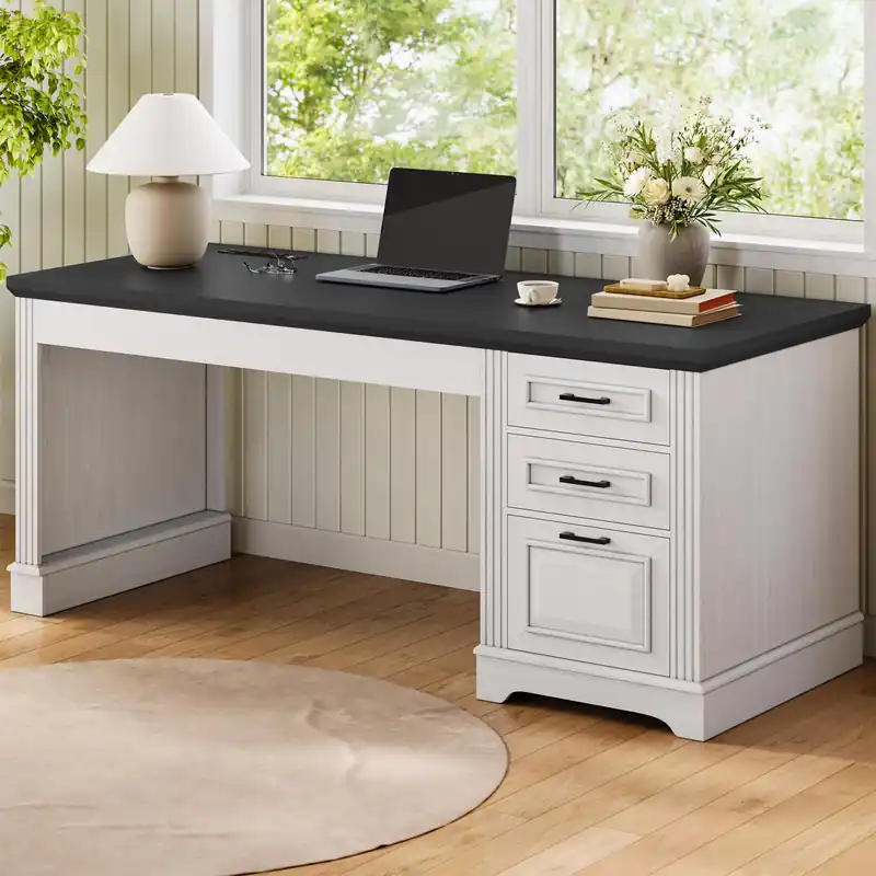 Itaar Farmhouse 55" Executive Desk, Computer Desk with Storage Drawers and Power Outlet
