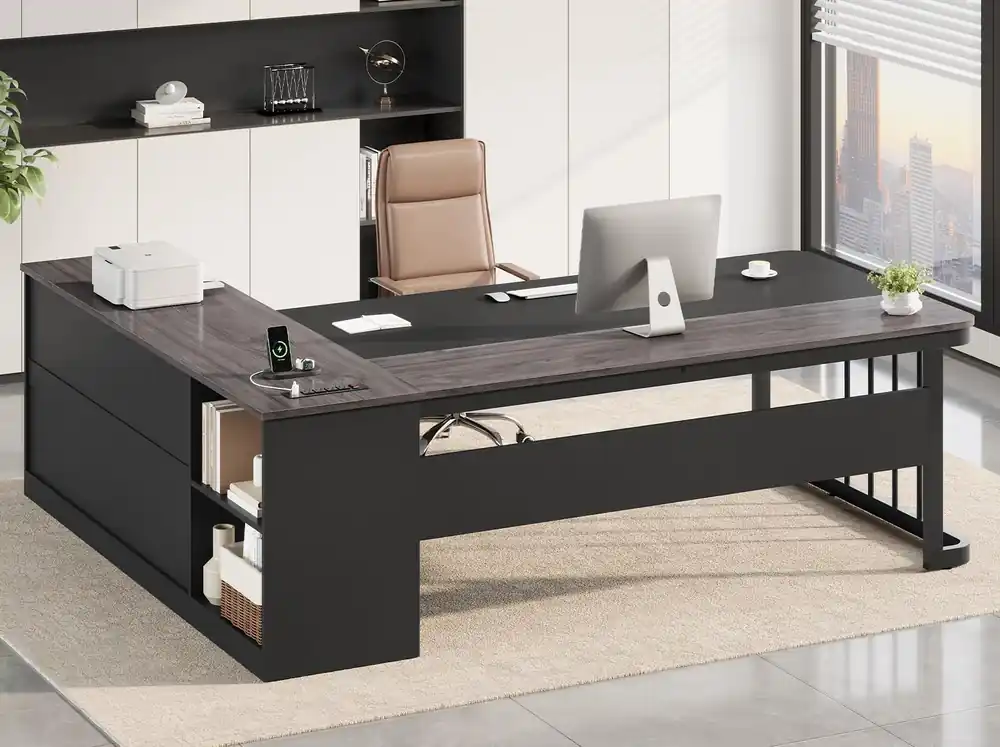Executive Desk, Large Office Desk with Drawers & Storage Shelves, Modern L Shaped Computer Desk Corner Desk