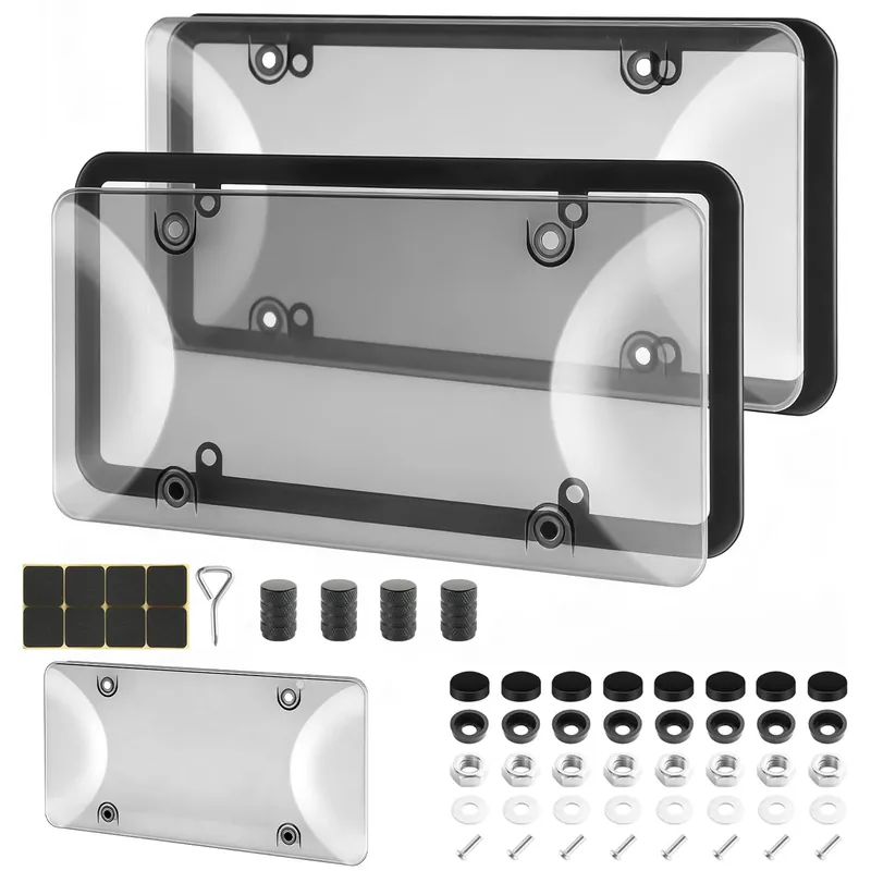 2 Pack Clear License Plate Covers, Unbreakable Anti-Yellowing Tag Protectors, Street Legal Universal Car Plate Holders with Hardware, Anti-Rattle Pads & Caps