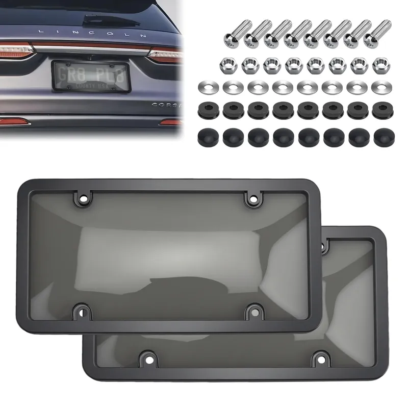 2Pcs Clear License Plate Protector Covers,Unbreakable Transparent License Plate Frames with Screw Cap Kit,Anti-Rust Plastic Front Rear License Plate Holders Compatible with Standard American Vehicles