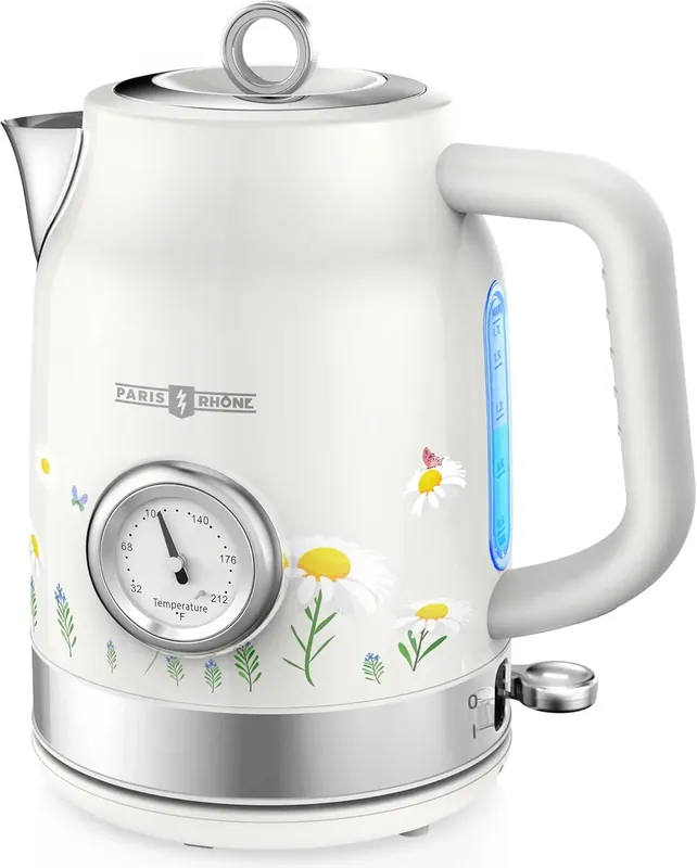 Retro Stainless Steel Electric Kettle, 1.7L Cordless Hot Water Kettle with Thermometer