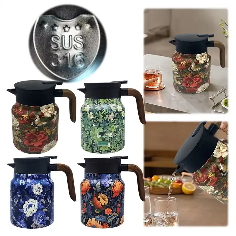 1000ml Vintage Floral Tea Kettle Stainless Steel Insulated Tea Pot Built-in Infuser