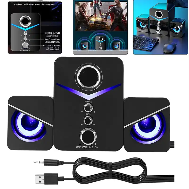 USB Computer LED Speakers System Subwoofer Stereo Bass Control