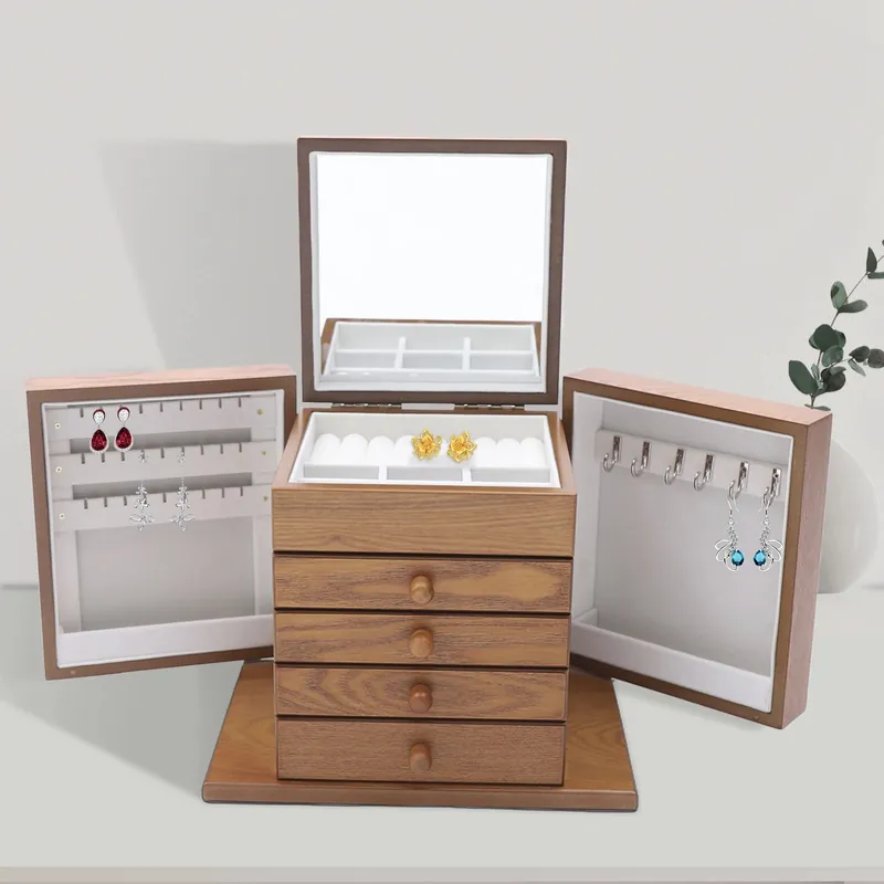 5-tier Wooden Jewelry Box w/ Drawers Mirror for Rings, Earrings, Necklaces