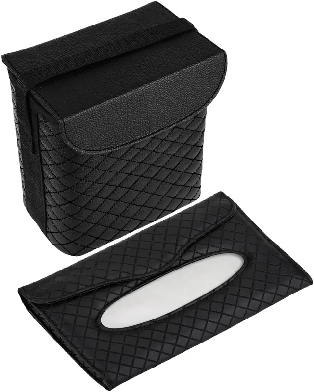 Black Quilted PU Leather Car Trash Bin With Integrated Tissue Dispenser, Leakproof Mini Garbage Holder Featuring Adjustable