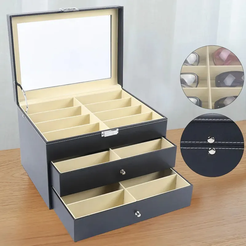 PU Leather Sunglasses Display Box Glass Window Jewelry Organizer