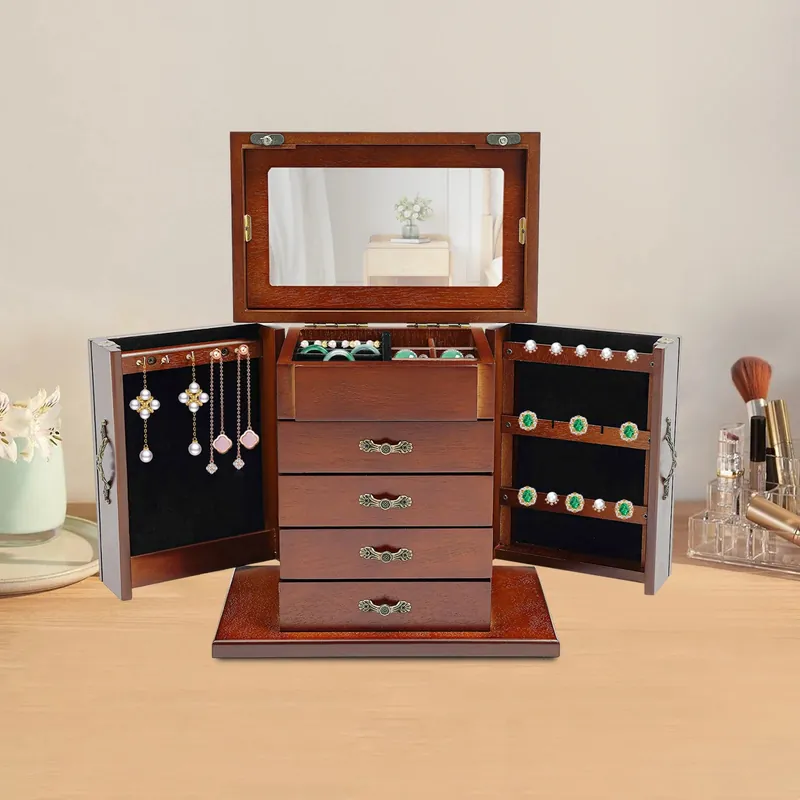 5 Tiers 4 Drawers Wooden Jewelry Box with Mirror for Necklace Earring