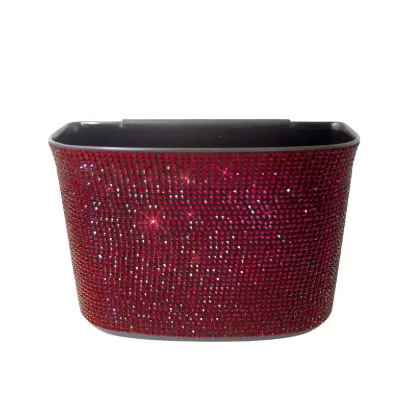 Red Sparkling Rhinestone Hanging Car Trash Bin For Vehicle Interior Storage Organizer