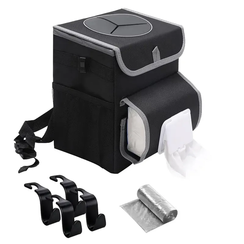 Portable Car Trash Bin With Lid, Leakproof Bag, Hanging Pockets, Adjustable Tissue Dispenser And Mounting Straps