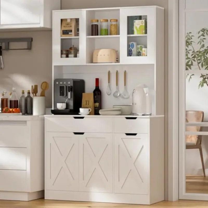 71 Tall Kitchen Pantry Storage Cabinet with Microwave Stand and Charging Station