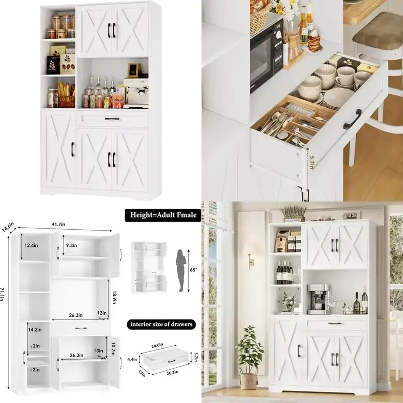 Tall Farmhouse-Style Kitchen Pantry Cabinet with Microwave Stand and Barn Door Design
