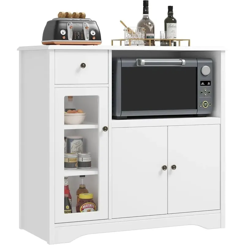 White 3-Door Kitchen Storage Cabinet with Drawer and Adjustable Buffet Sideboard