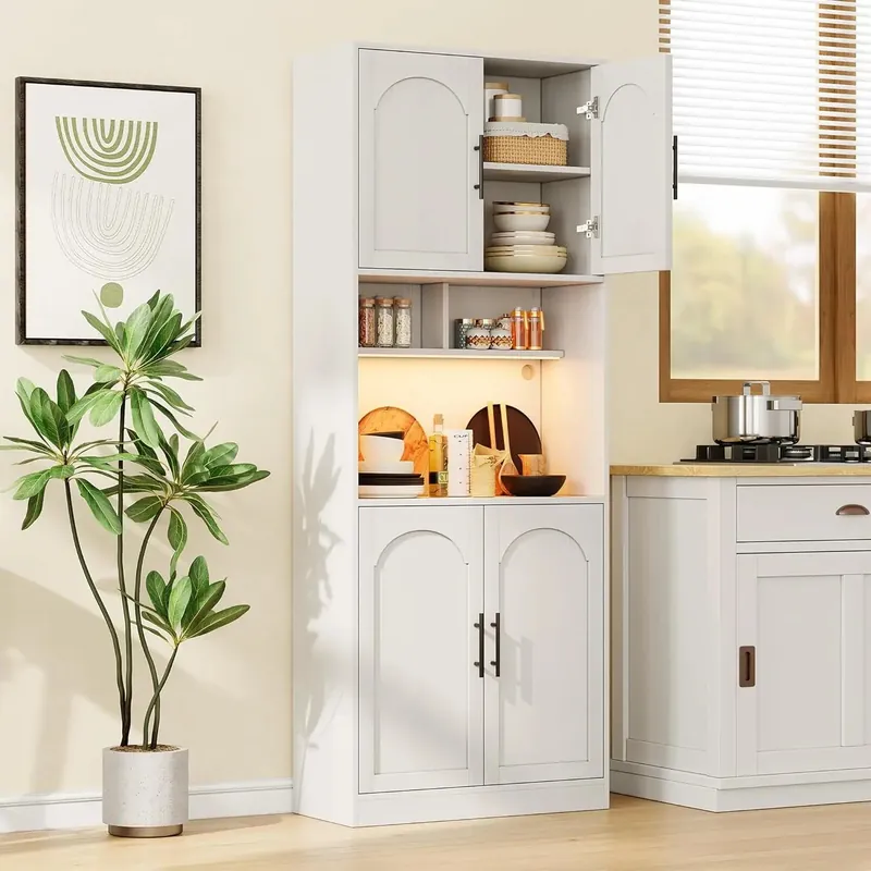 Kitchen Pantry Cabinet with RGB Light, Tall Kitchen Hutch Bar Cabinet with Microwave Stand