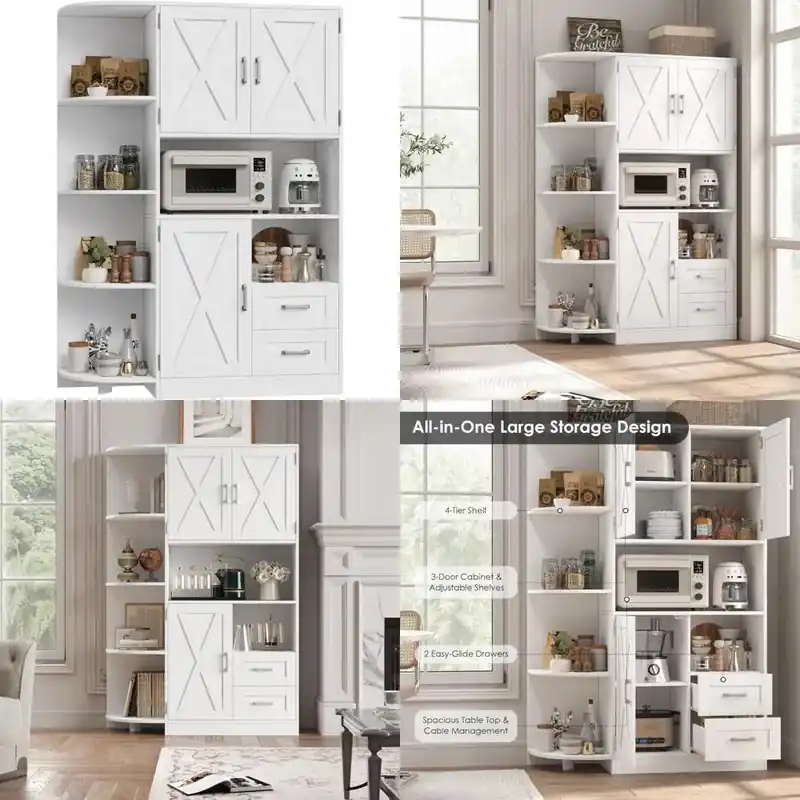 Standalone Farmhouse-Style Kitchen Pantry Cabinet with Hutch, Doored & Shelves
