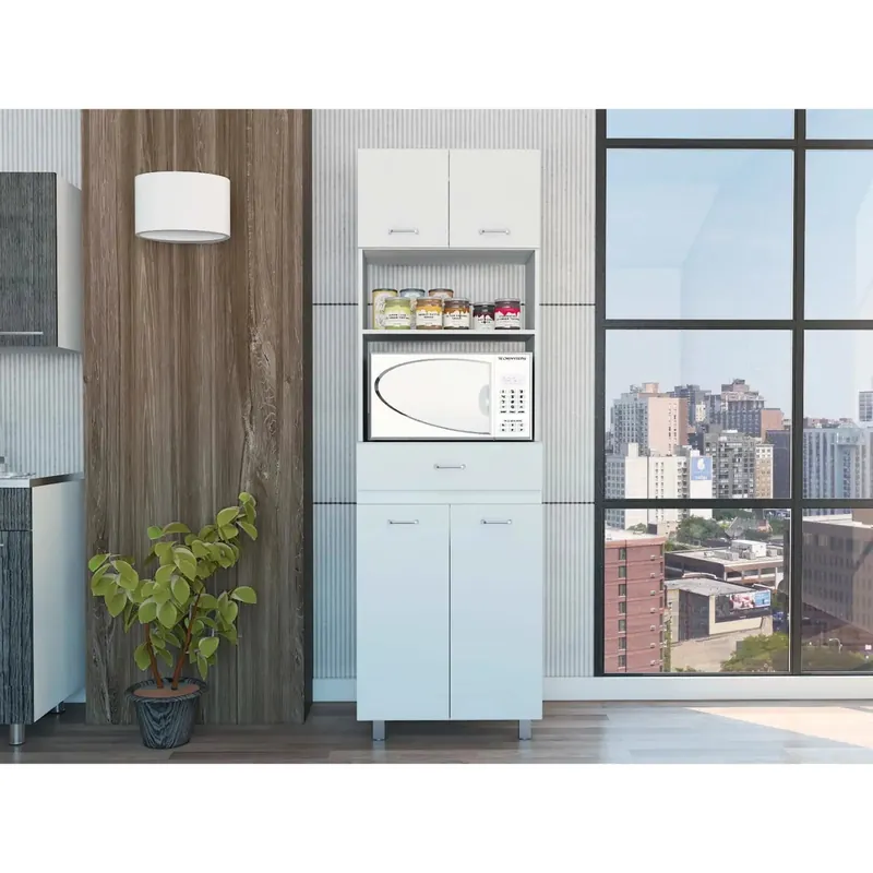 Caribe Microwave Cabinet, Four Legs, One Drawer, Double Door, One Shelf White