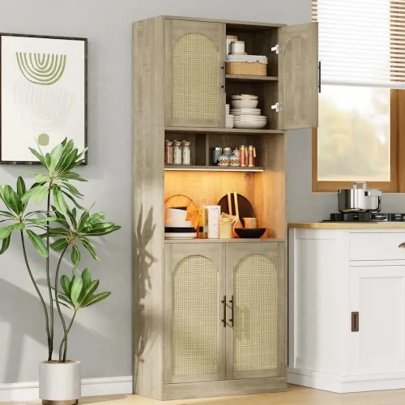 71 Tall Pantry Cabinet with Countertop Kitchen Cabinets with LED Light Strip Microwave Shelf