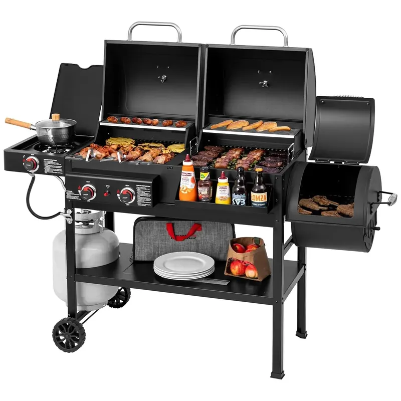 2-Burner Gas and Charcoal Combo Grill with Offset Smoker & Side Burner
