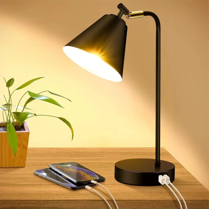 Industrial Black Metal Table Lamp For Bedroom Office w/ 2 USB Charging Ports