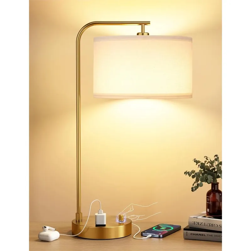 Gold Table Lamp With USB Port And Outlet With Linen Lampshade For Home