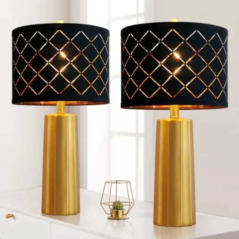 Set of 2 Modern Table Lamps for Living Room Bedroom w/ Black Grid Shade