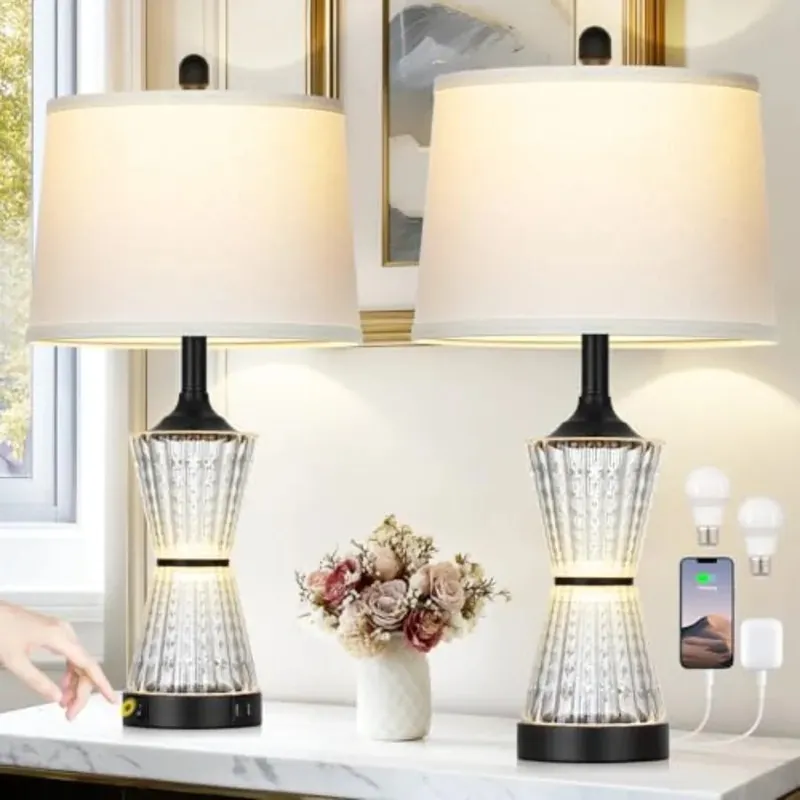 Modern Table Lamps for Living Room 26"with 2 Textured LED Night Light