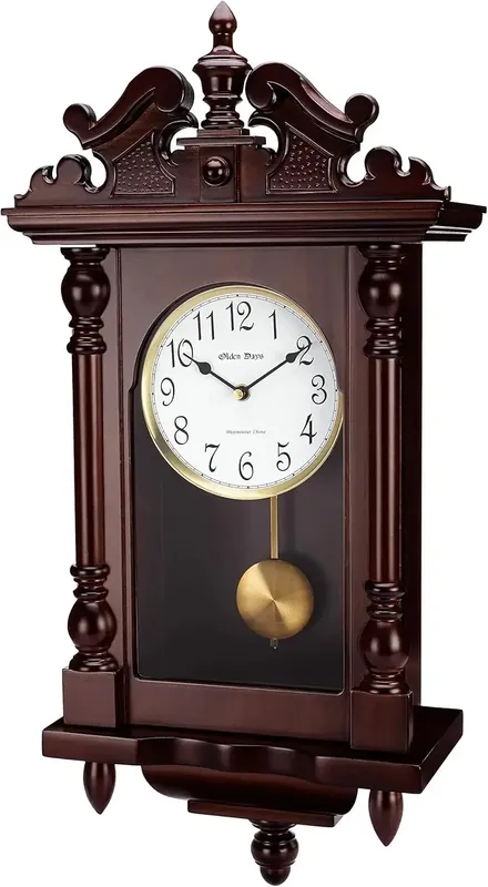 Wall Clock with Real Wood, 4 Chime Options, Swinging Pendulum, 22" Large
