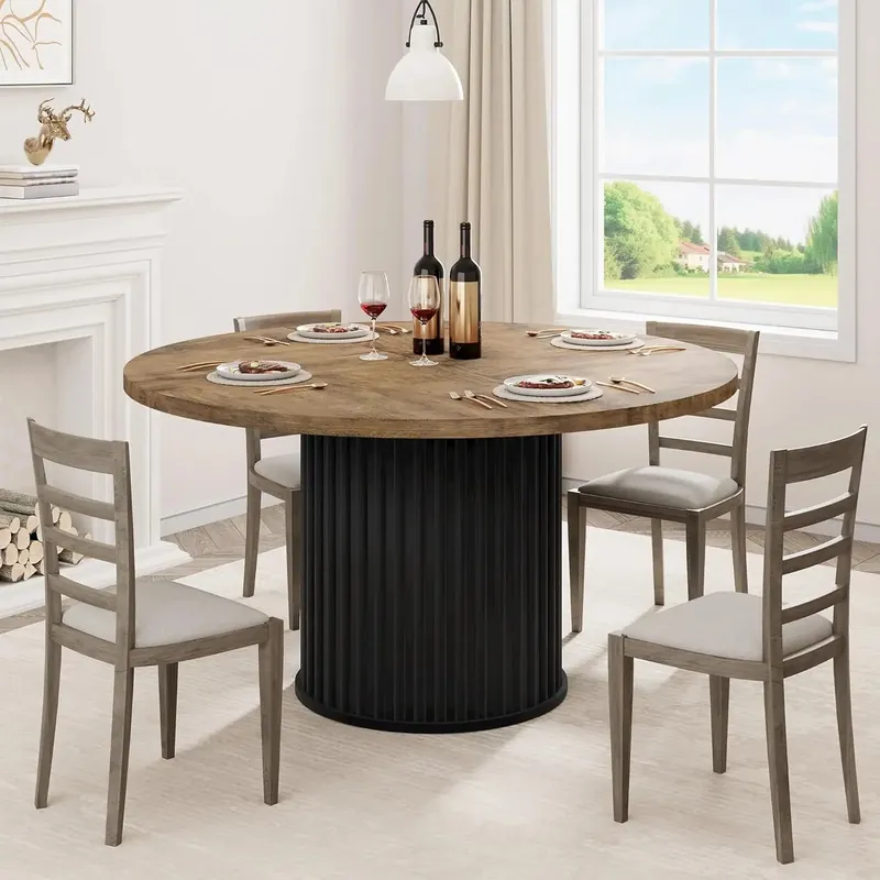 47" Round Dining Table for 4-6 People, Dining Room Table with Sturdy Waveform Metal