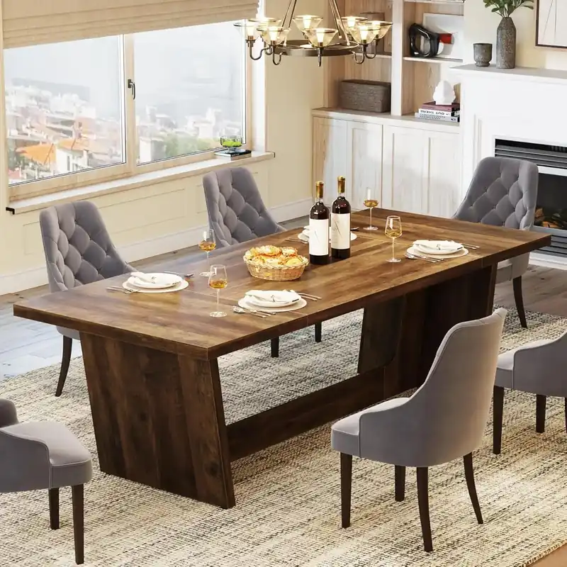 Dining Room Table Rectangular Farmhouse Kitchen Table with Solid Pedestal
