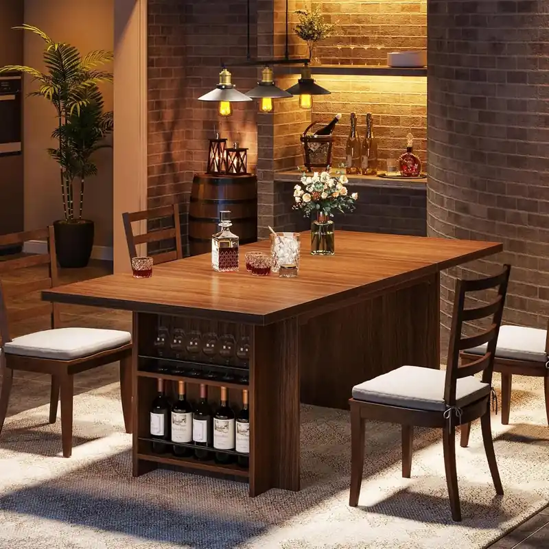 Farmhouse Dining Table for 6 to 8, 63-Inch Rectangular Kitchen Table with Storage