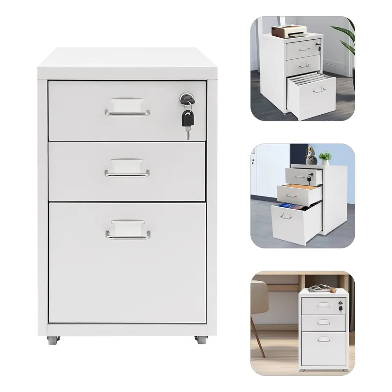 3 Tiers Rectangular Steel Vertical File Cabinet,Pink/White/Black Metal Mobile File Cabinet